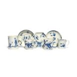 A group of Worcester blue and white teawares c.1755-60, including three saucers painted with the