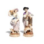 A pair of Meissen figures of sweethearts 19th century, he standing and fastening a love letter