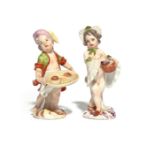 Two Meissen figures of Cupid in Disguise mid 18th century, one as a pastry seller, wearing a white