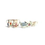 Five English porcelain cream jugs c.1760-80, two Worcester and of low Chelsea ewer form, another