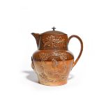 A large brown stoneware commemorative jug c.1837-50, applied with portraits of Queen Victoria and