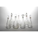 Seven decanters and stoppers late 18th/19th century, most of mallet form, variously engraved with