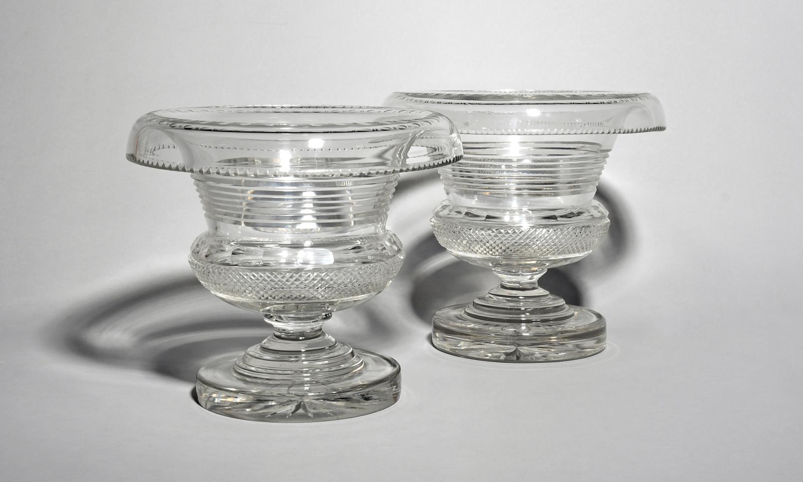 A large pair of Irish glass vases or centrepieces 19th century, of campana shape, cut with a hobnail