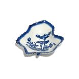 A rare Worcester blue and white pickle leaf dish c.1757-60, printed with part of the Heron and