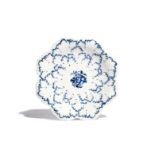 A rare Worcester blue and white circular dish c.1760-65, moulded with overlapping leaves within an