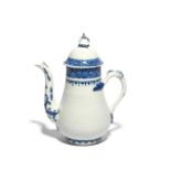 A large Bow blue and white coffee pot and cover c.1758-60, the pear-shaped body with pineapple