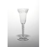 A large pan-topped wine glass c.1760, the generous bowl engraved below the rim with a continuous
