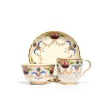 A Caughley trio c.1790, comprising a teabowl, coffee cup and saucer, the fluted forms painted with