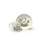 A good Worcester printed and hand-coloured coffee cup and saucer c.1760, decorated with Les