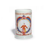 A German milchglas tankard c.1760-80, the straight-sided form painted in polychrome enamels with the