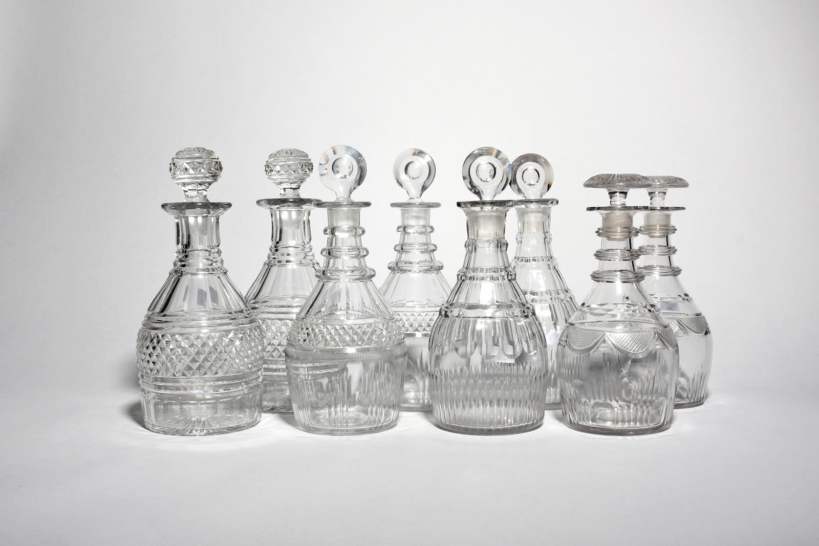 Four pairs of good cut glass decanters and stoppers c.1800 and later, one pair of Penrose