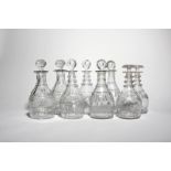 Four pairs of good cut glass decanters and stoppers c.1800 and later, one pair of Penrose