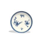 A Worcester blue and white saucer dish c.1775, printed with the Ribbon Root pattern, within a cell