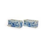 A pair of delftware flower bricks c.1740, of small rectangular form, each painted in blue with