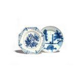 Two delftware plates mid 18th century, one octagonal and painted in blue with a putto holding a