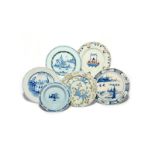 Six delftware plates or dishes c.1710-60, one Bristol and inscribed 'S W A' to the other side, a