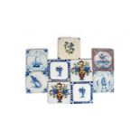 Nine delftware tiles 18th century, two painted in blue with boats at sea, a pair painted with