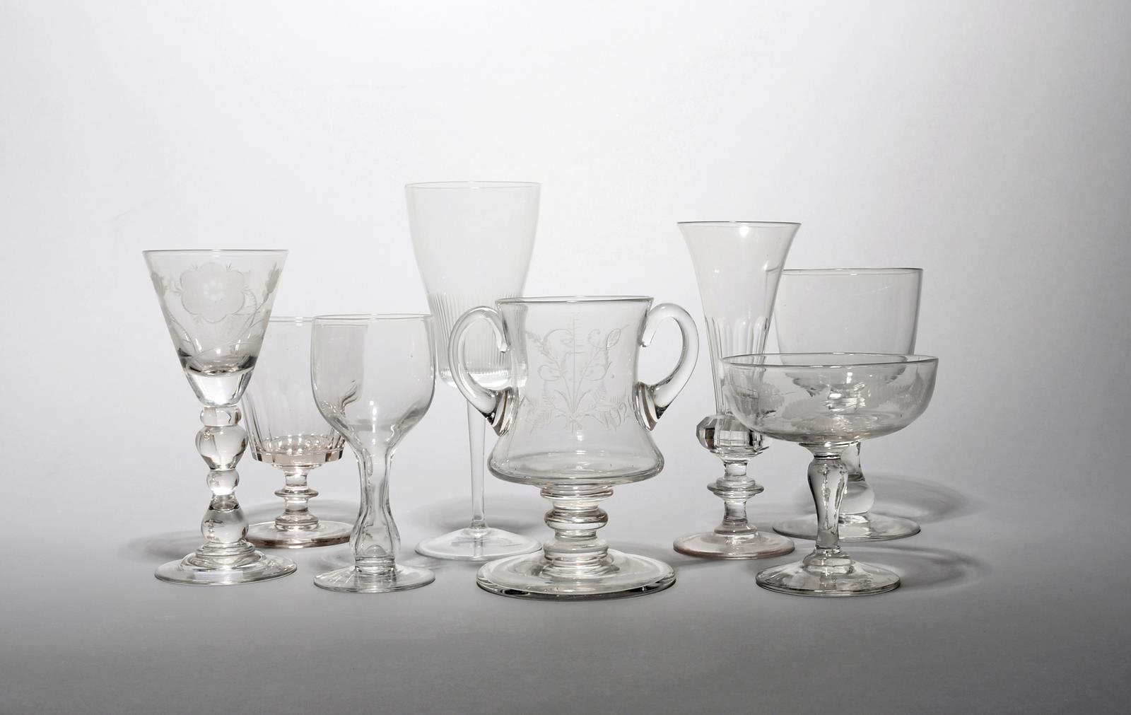 A group of eight various glasses 19th/20th century, including a baluster goblet engraved with