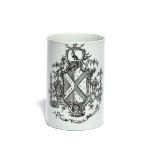 A rare Longton Hall armorial mug c.1758-60, printed in black by John Sadler of Liverpool with the