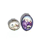 Two English enamel patch boxes late 18th century, of oval form, one painted with an elderly beggar