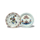 Two delftware plates c.1740-50, probably Bristol, one painted in red, green and blue with a bird