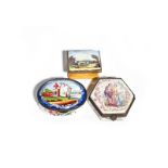 An English enamel snuff box and a patch box c.1780, the snuff box of oval form and painted with