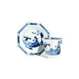 A rare Richard Chaffers (Liverpool) blue and white octagonal beaker and saucer c.1758-60, painted