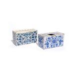 Two large delftware flower bricks c.1740-60, one painted in a bright blue with a formal design of