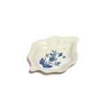 An English porcelain blue and white pickle dish c.1745, possibly Limehouse or Pomona, the leaf shape
