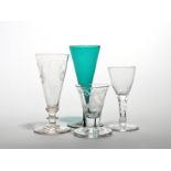 Four English glasses late 18th/19th century, including a Masonic firing glass engraved with a set