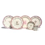 Four Chelsea-Derby plates c.1775-85, one painted en grisaille with a smoking burner within a pink