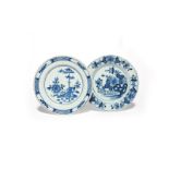 Two delftware plates 18th century, Dutch or English, one painted with flowering peony beside an
