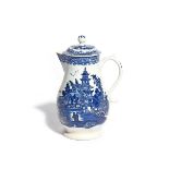A Lowestoft blue and white coffee pot and cover c.1780-90, printed with two figures walking before a