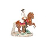 A large Meissen figure of an officer on horseback 19th century, his mount reared up on its hind