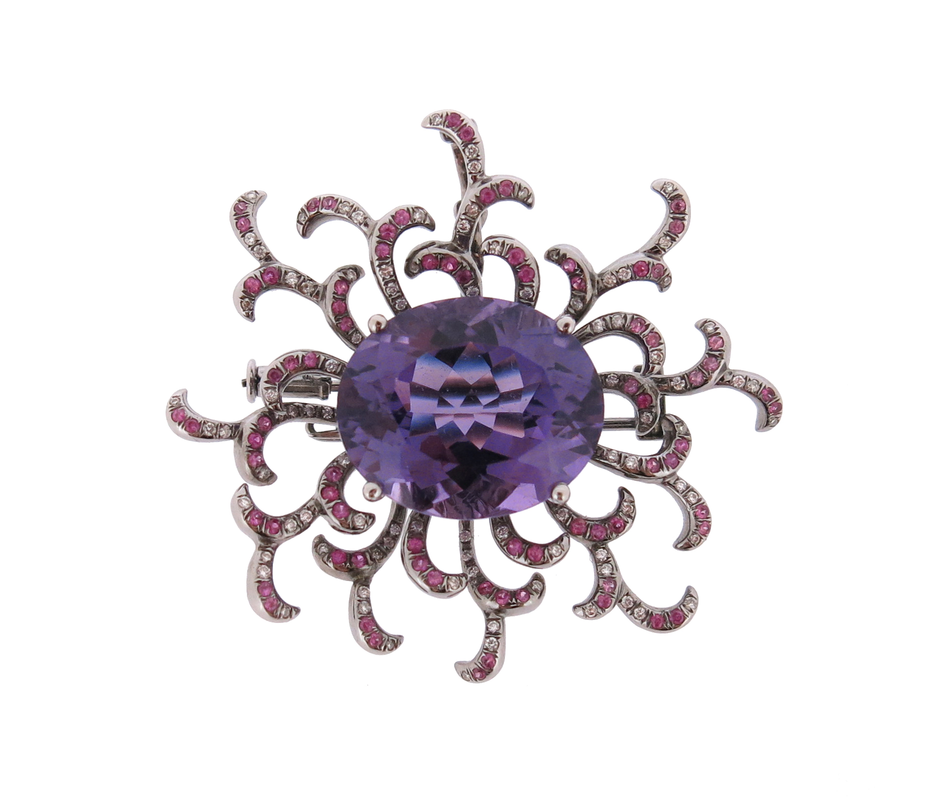 An amethyst pink sapphire and diamond-set scroll brooch pendant by Fei Liu, centred with an oval- - Image 2 of 5