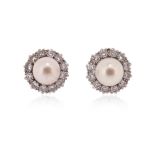 A pair of cultured pearl and diamond cluster earrings, the cultured pearls set within a surround