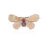 An early 20th century gem-set butterfly brooch, set with solid white opal wings, a ruby and