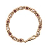 A gem-set gold bracelet, set with cabochon rubies and half pearls in 9ct gold, 19cm long, 18g