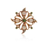 A late Victorian opal and garnet-set gold brooch, of foliate design set with cabochon opals and