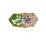 A peridot and diamond present ring by Geoffrey Rowlandson, the fancy-cut peridot set next to pave-