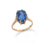 A sapphire single stone ring, the old cushion-shaped sapphire is claw-set in plain yellow gold