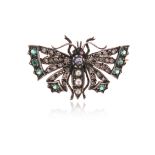 A gem-set butterfly brooch, set with a sapphire and cultured pearl body, ruby eyes and emerald and