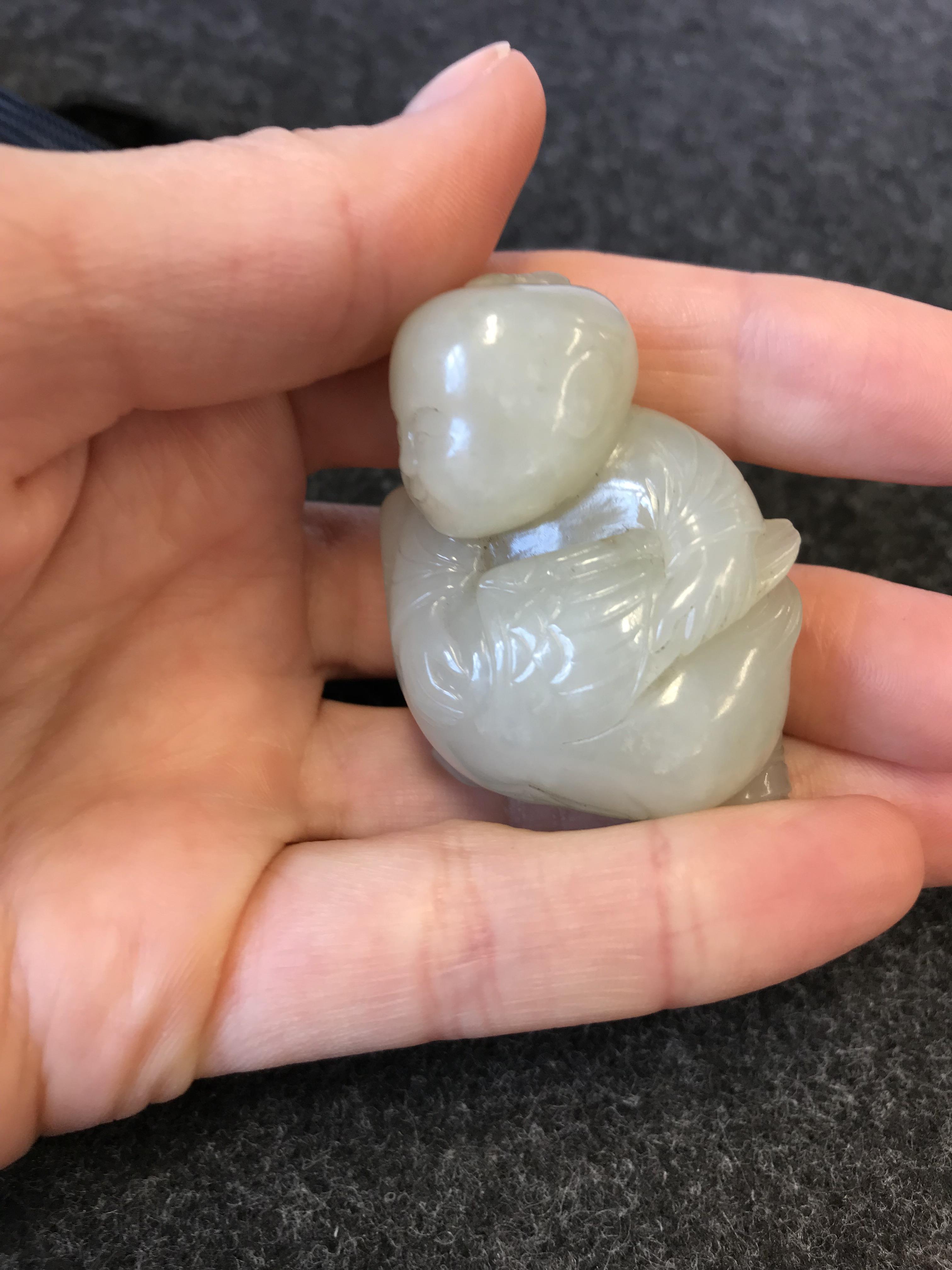 A SMALL CHINESE PALE CELADON JADE CARVING OF A BOY AND A GOOSE QING DYNASTY OR LATER The boy - Image 2 of 12