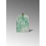 A CHINESE APPLE GREEN JADEITE RECTANGULAR PENDANT QING DYNASTY OR LATER Carved in low relief to