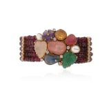 A multigem-set gold bracelet, the clasp set with rose quartz, aventurine, citrine, amethyst, a