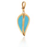 A diamond-set blue enamel gold pendant in the manner of Gavello, designed as a leaf and set with a