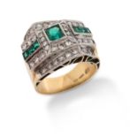 An emerald and diamond cocktail ring, of odeonesque style set with graduated emerald-cut emeralds