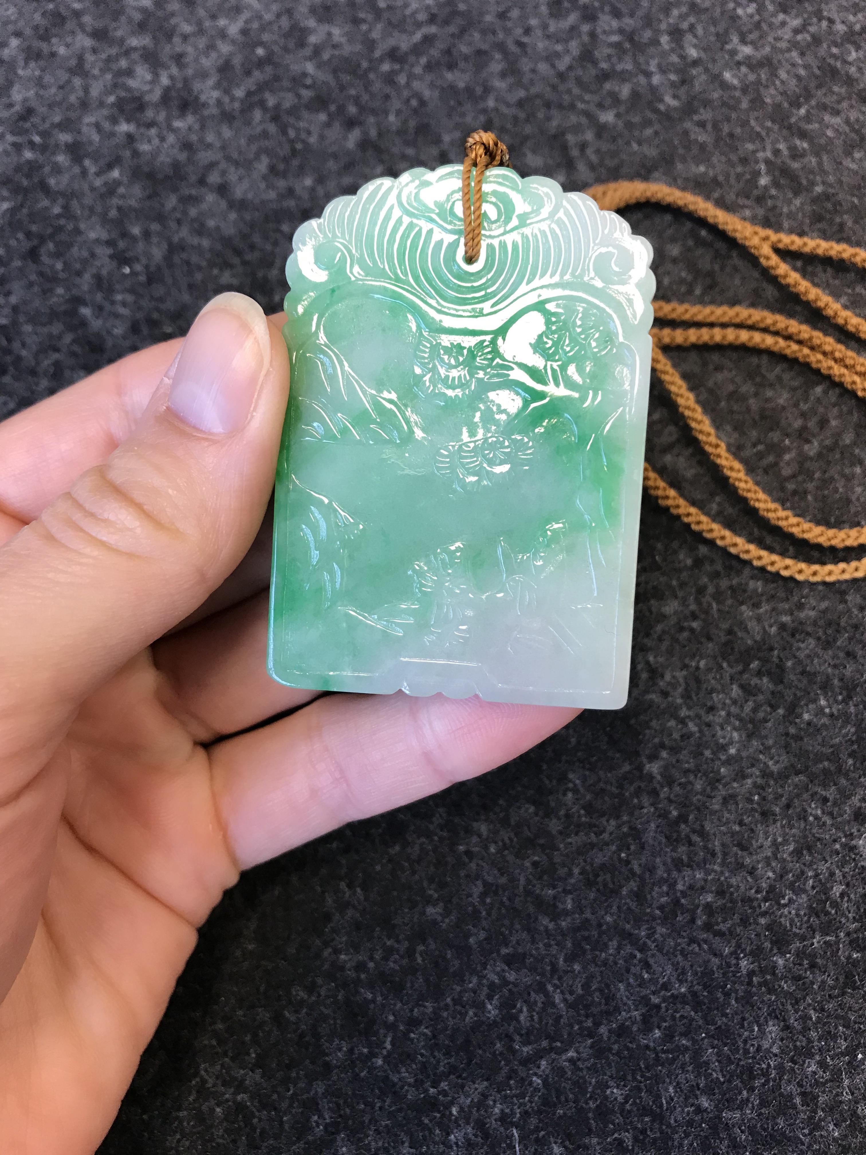 A CHINESE APPLE GREEN JADEITE RECTANGULAR PENDANT QING DYNASTY OR LATER Carved in low relief to - Image 9 of 26