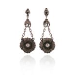 A pair of Georg Jensen silver earrings, bell flower on chain drop with large flowerhead motif,
