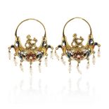 A pair of enamel and gold earrings, designed as stylised putti riding polychrome enamel gondolas